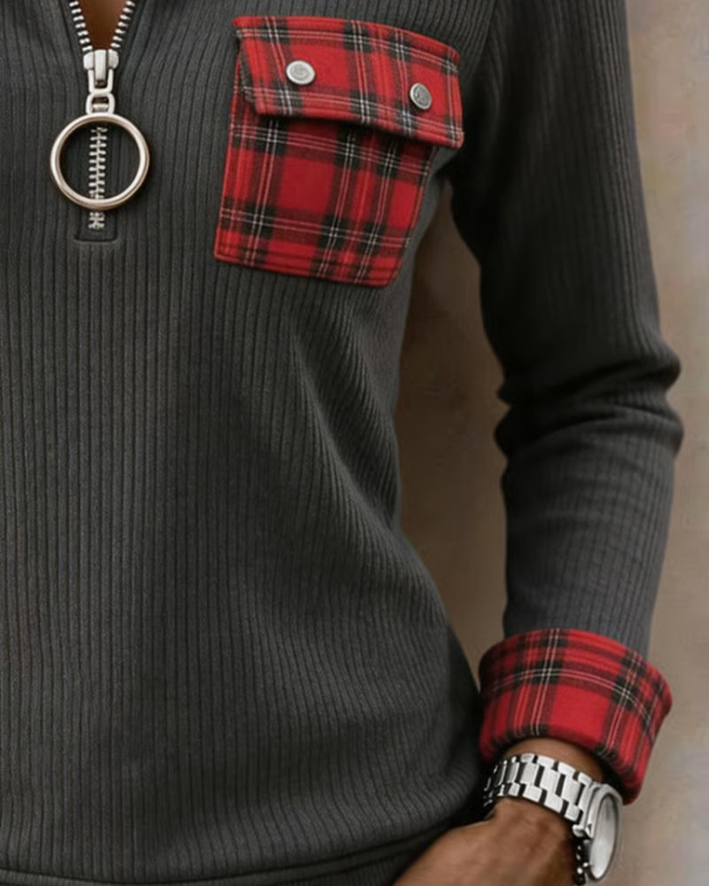Sweatshirt Kariert Patchwork Halber Reißverschluss