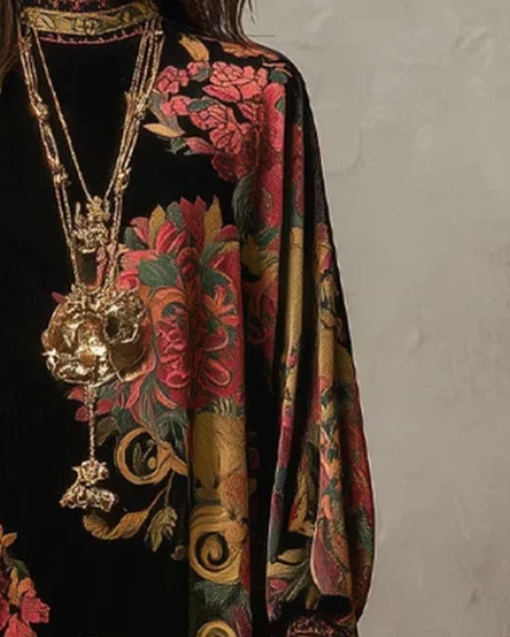Kleid Mock-Neck Floral Velvet Langarm Maxi