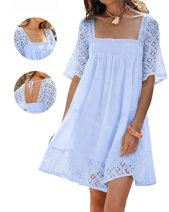 Kleid Quadratischer Ausschnitt Spitze Patchwork Einfarbig