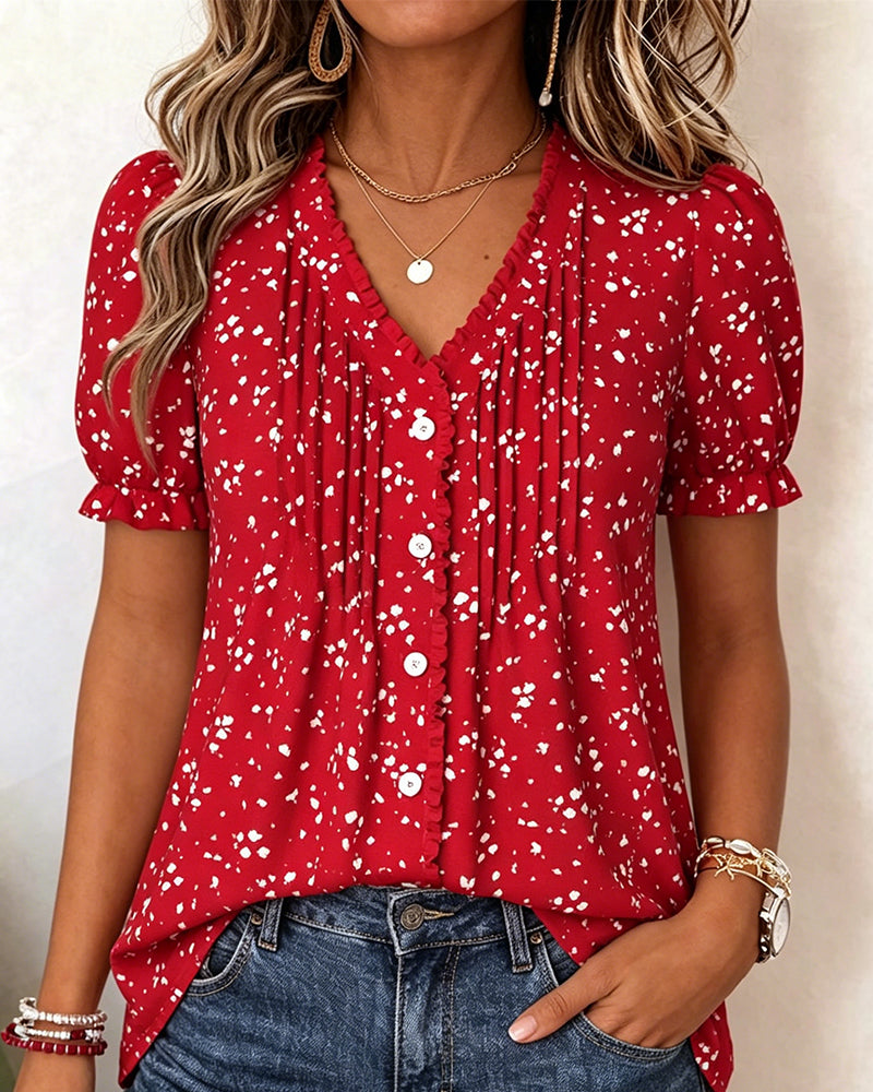 Bluse V-Ausschnitt Plissiert Kleine Blumen