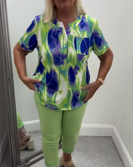Bluse Henley Ausschnitt Ombre Druck Kurzarm Tasche