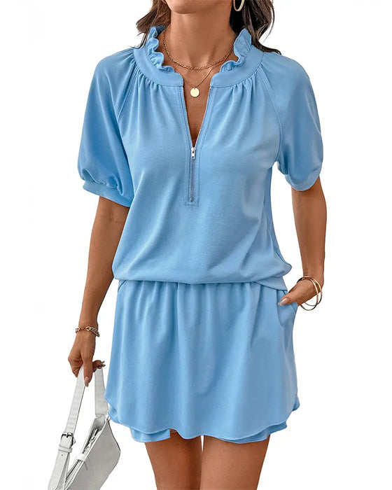 Set Rüschenkragen Puffärmel Bluse Und Rock