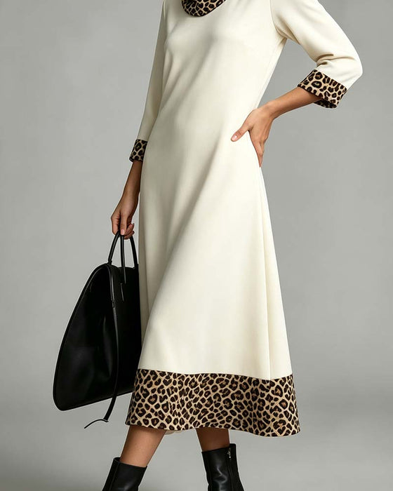 Kleid Slouchy Mock Neck Leopard Ellenbogenlang Ärmel