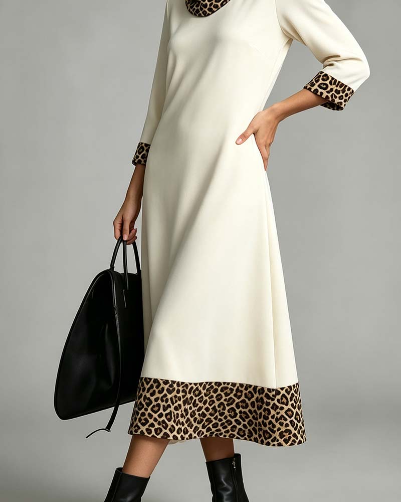 Kleid Slouchy Mock Neck Leopard Ellenbogenlang Ärmel