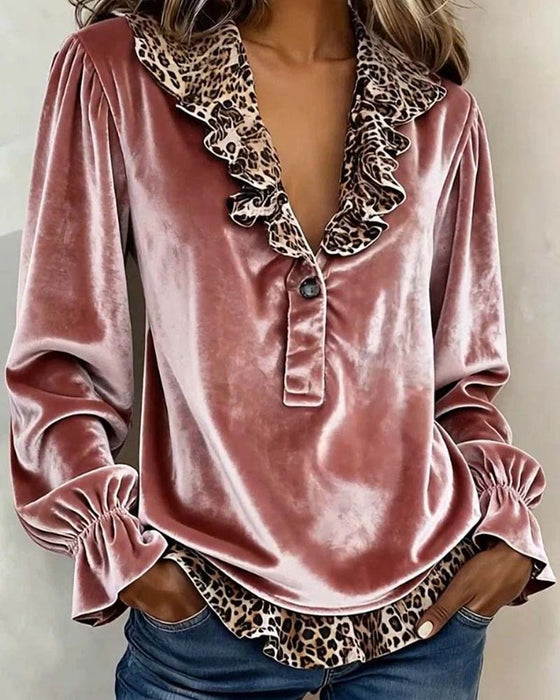Bluse V-Ausschnitt Leopard Druck Rüsche Ärmel