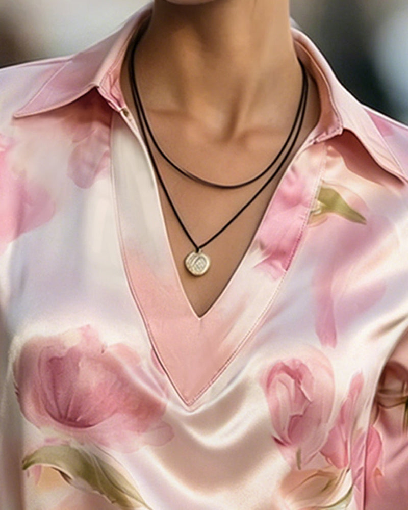 Bluse Revers V-Ausschnitt Blumenprint Langarm