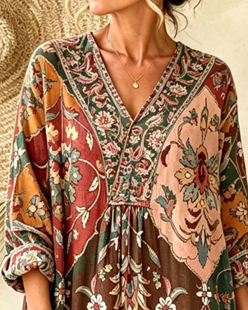 Kleid V-Ausschnitt Bohemian Langarm
