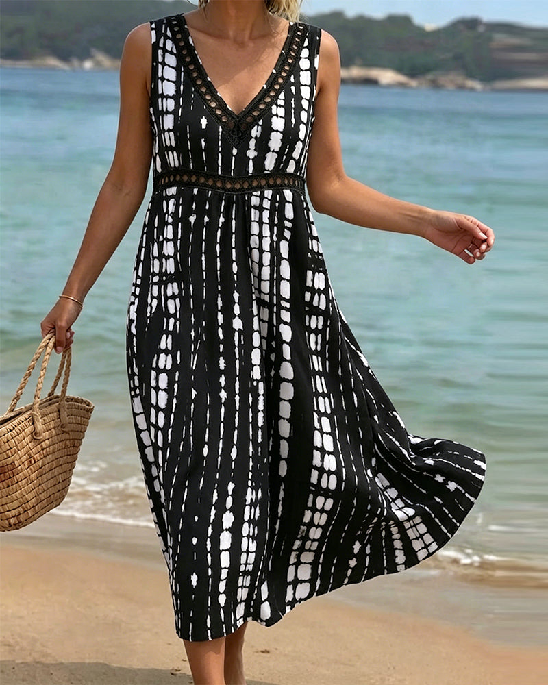 Kleid V-Ausschnitt Ärmellos Abstrakter Print