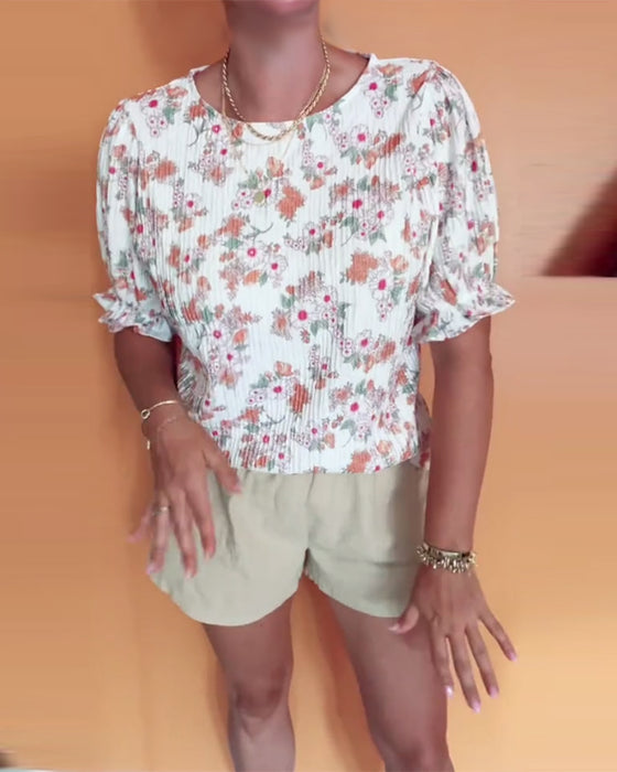 Bluse Rundhals Blumen Kurzarm