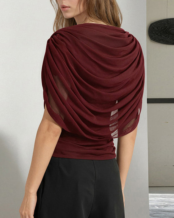 Bluse Mesh Schal Hals Drapiert Slim Fit