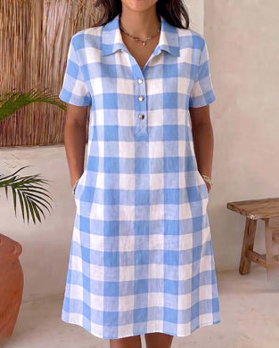 Kleid Revers Blau Und Weiß Karo