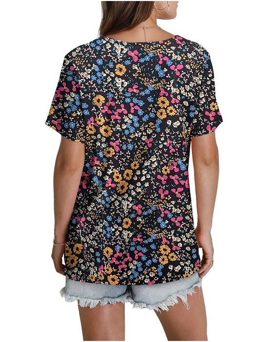 Bluse Blumenmuster V-Ausschnitt Kurzarm