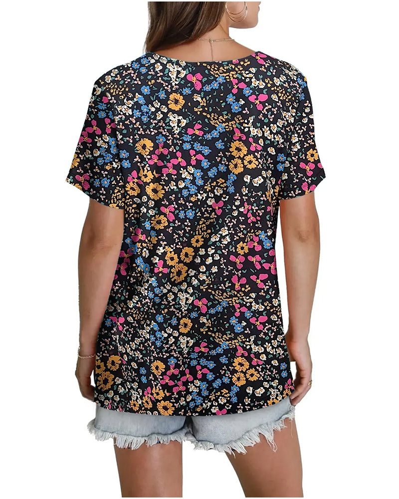 Bluse Blumenmuster V-Ausschnitt Kurzarm