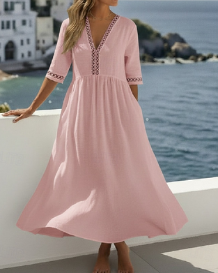 Kleid Halb Ärmel Hohl Aus V-Ausschnitt Maxi