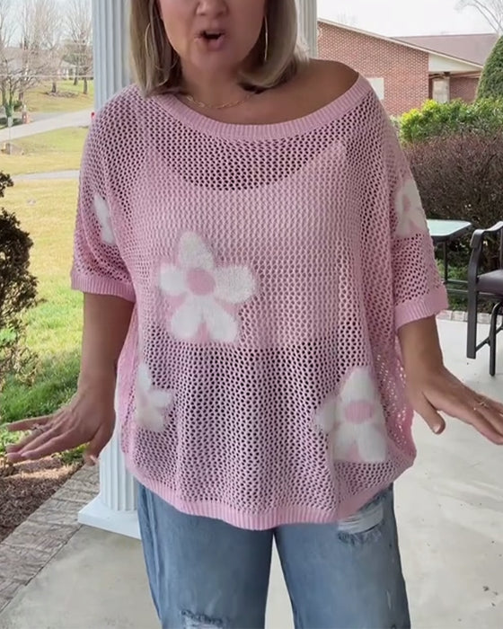 Pullover Rundhals Großes Blumenmuster Hohldesign