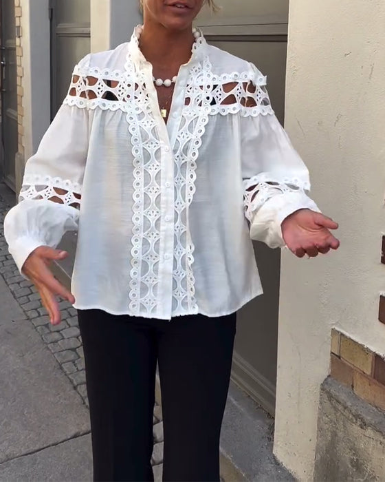 Bluse Stehkragen Hohl Spitze