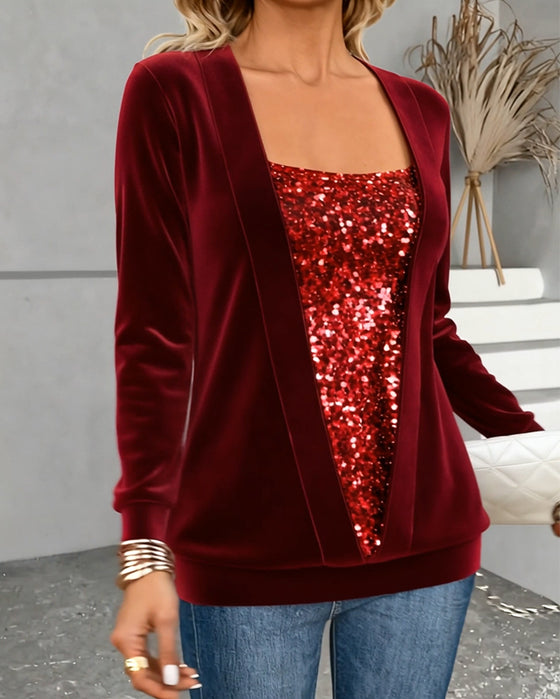 Top Fake Zwei Teile Glitzer Langarm