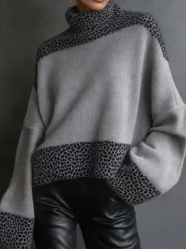 Pullover mit hohem Kragen und Leopardenmuster