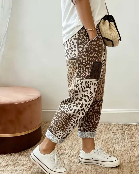 Hose Leopard Druck Karo Kontrast Patchwork Lässig