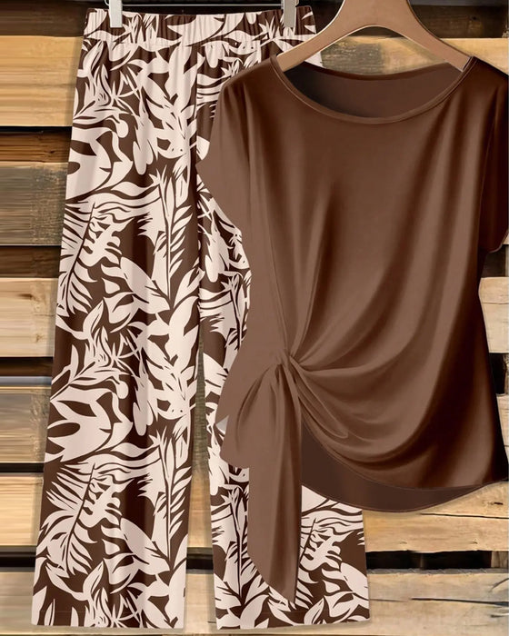 Set Knoten Bluse Print Weites Bein Hose