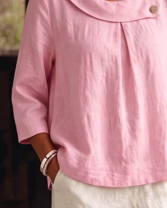 Bluse Rollter Saum Rundhals Knopf Locker