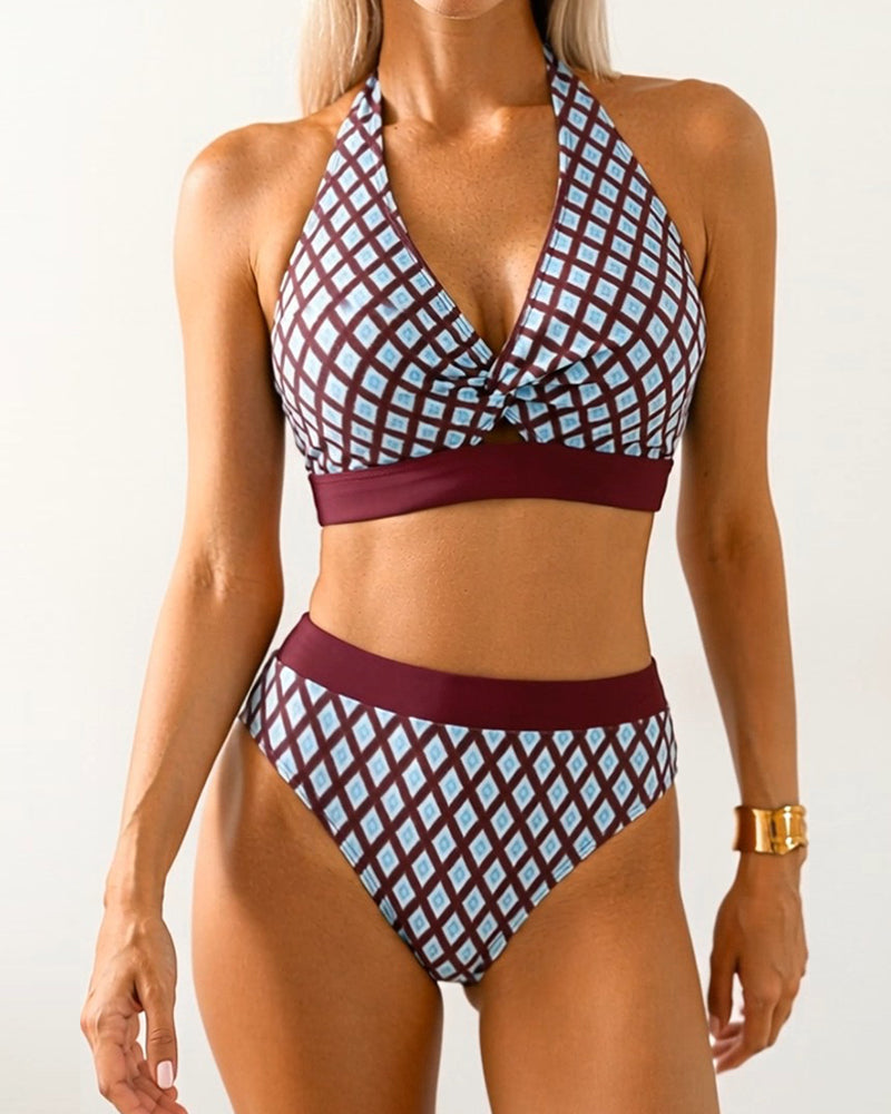 Bikini Geometrischer Rauten-Druck Halsschlaufe