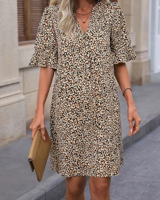 Kleid Leopardenmuster Blumig V-Ausschnitt Rüsche Ärmel