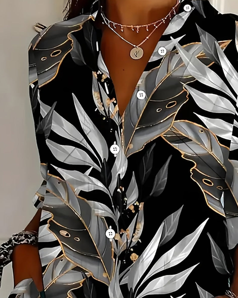 Bluse Blatt Print Langarm