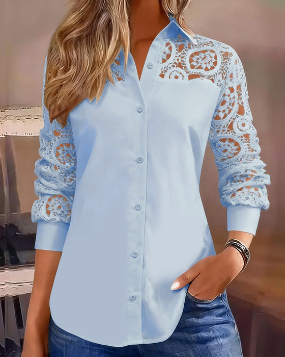 Bluse Uni-Farbe Revers Spitze Patchwork