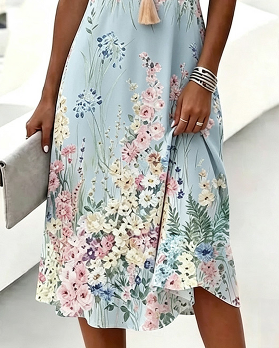 Kleid V-Ausschnitt Blumen Kurzarm A-Linie