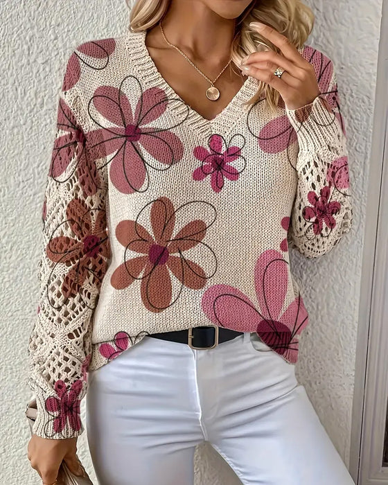 V-Ausschnitt Lochmuster-Strickpullover