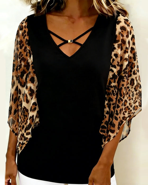 Bluse Fledermausärmel Leopardenmuster Patchwork