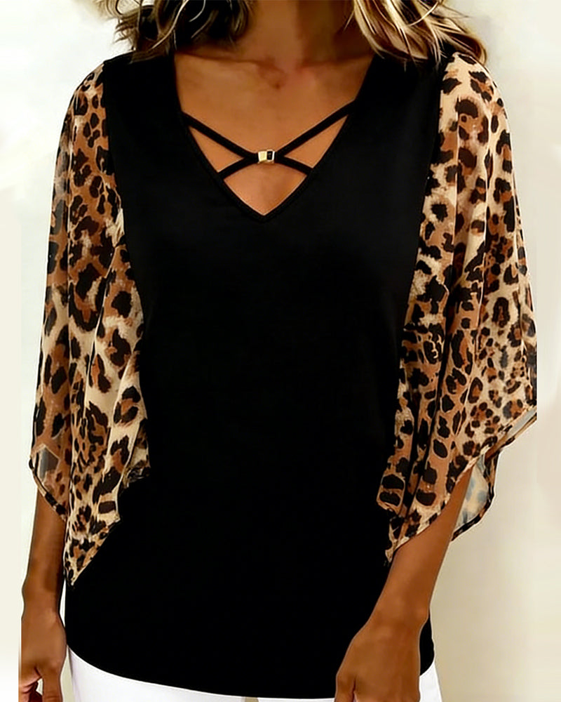 Bluse Fledermausärmel Leopardenmuster Patchwork