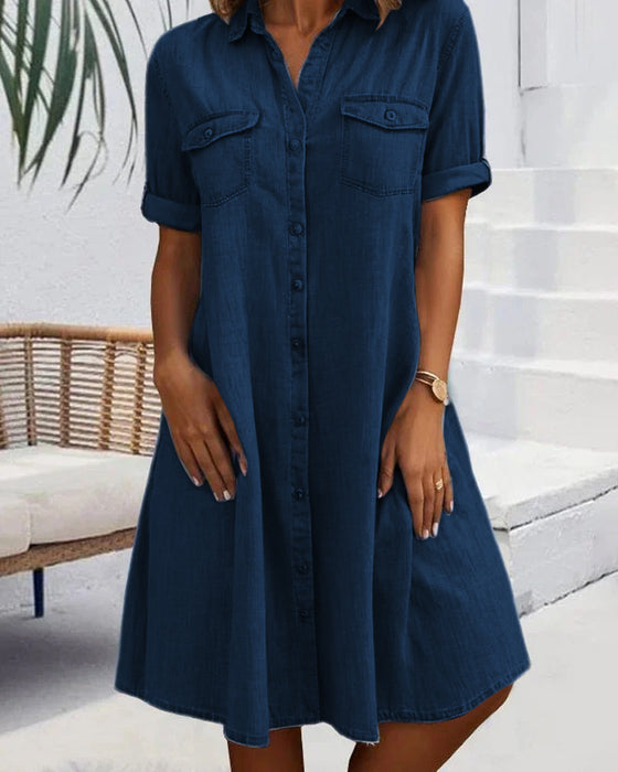 Kleid Kurzarm Kragen Einfarbig Knopf