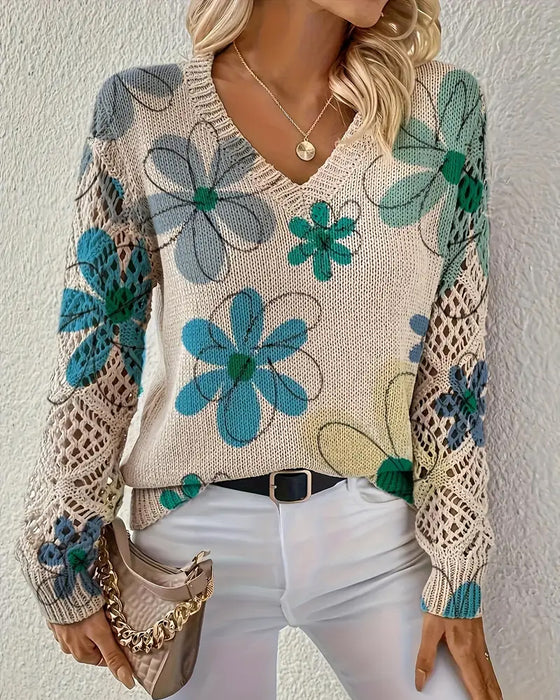 V-Ausschnitt Lochmuster-Strickpullover