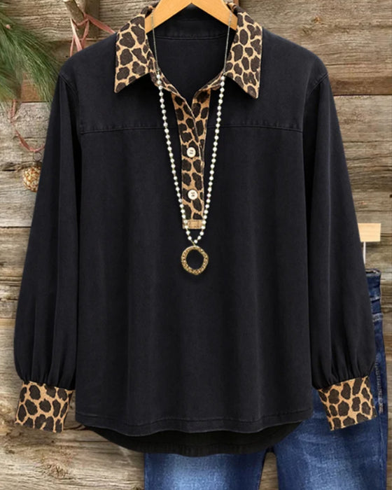 Top Leopardenmuster Revers Patchwork Knopf