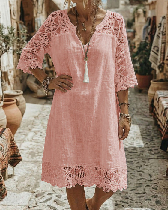 Kleid V-Ausschnitt Spitze Patchwork Lässig