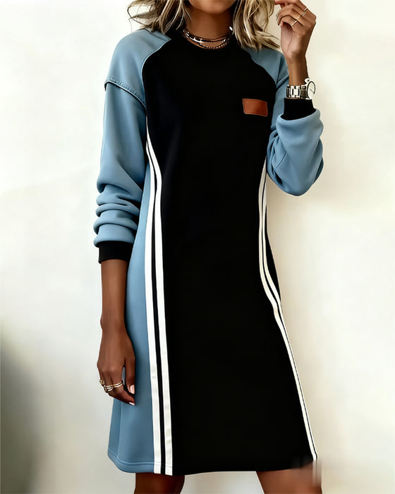 Kleid Langarm Farbblock Rundhals Gerade