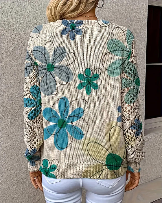 V-Ausschnitt Lochmuster-Strickpullover