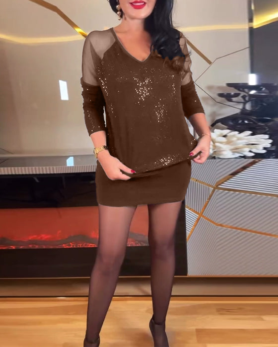 Top sexy V-Ausschnitt Mesh und einfarbig Pailletten