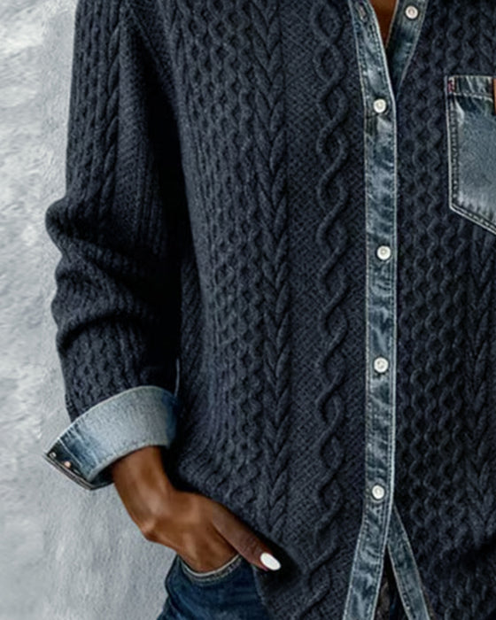 Langärmeliges Hemd mit Denim-Patchwork