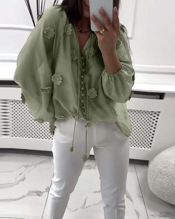 Bluse einfarbig 3D-Blumen Schnürung