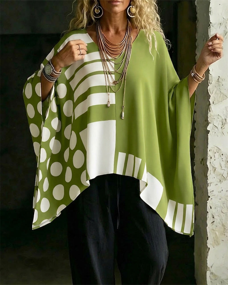 Bluse Polka Dot Streifen Patchwork V Ausschnitt