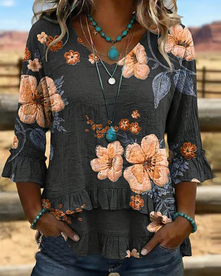Bluse V-Utringning Vintage Blomstret Loose Fit
