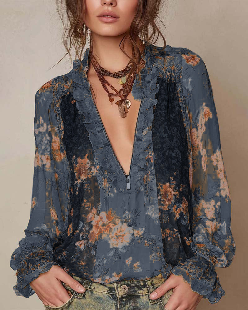 Halbreißverschluss Blumenprint Bluse