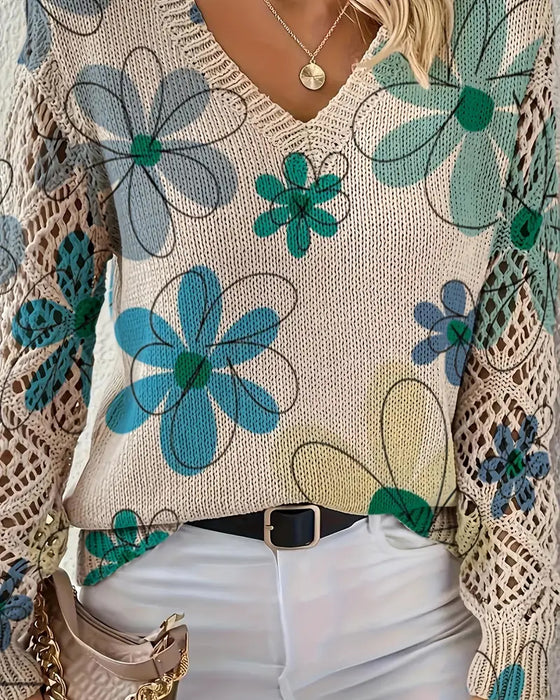 V-Ausschnitt Lochmuster-Strickpullover
