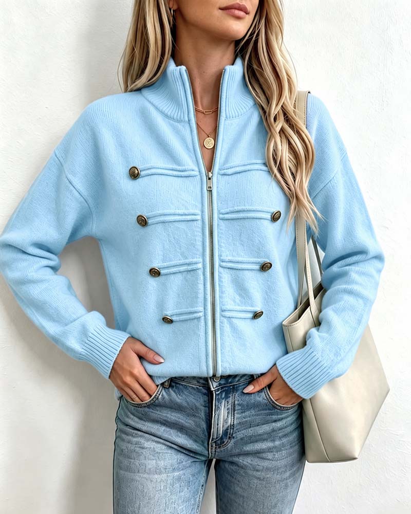 Cardigan Mandarin Kragen Mode Reißverschluss Gestrickt