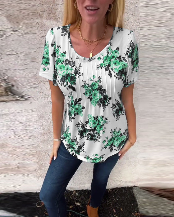 T-Shirt mit Rundhalsausschnitt Blumenmuster plissiert