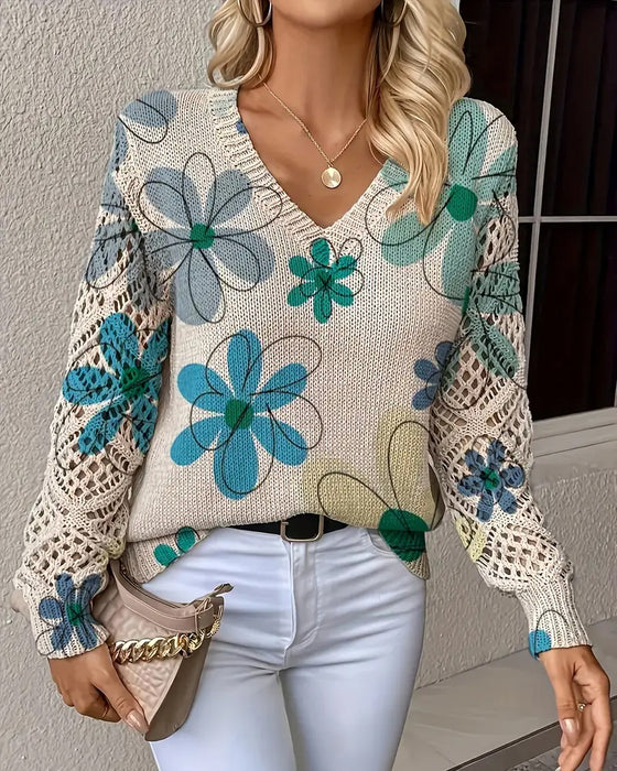 V-Ausschnitt Lochmuster-Strickpullover