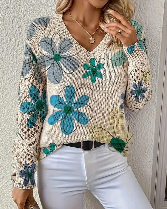 V-Ausschnitt Lochmuster-Strickpullover